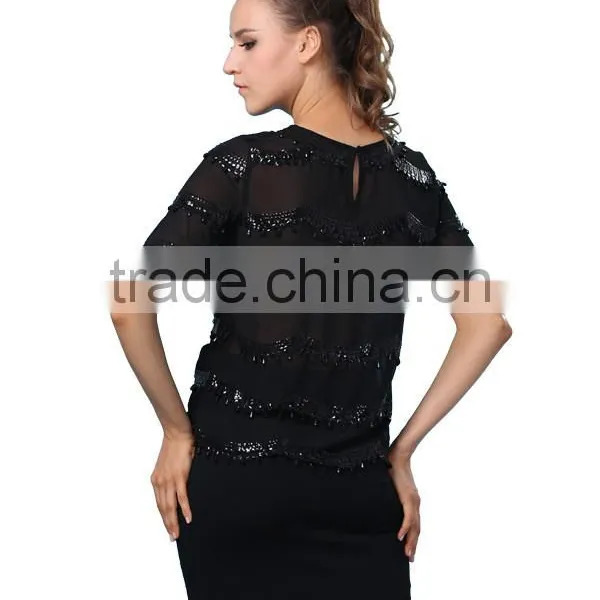 New Design Fashion Short Sleeve Embellished Chiffon Top photo-3