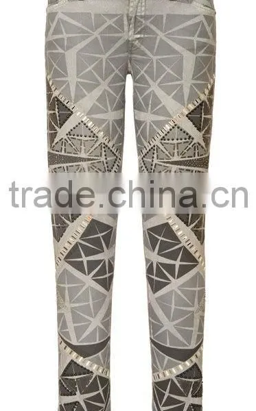 Newest Fashion Jeans Print Pattern Beaded Capris Skinny Pictures Sexy Jeans Women photo-2