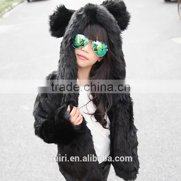 Hooded Winter Fur Jacket Girls European Style Fur Coat Autumn Kids Plush Jacket Thick Padded White Black Leopard Rabbit Ear photo-4