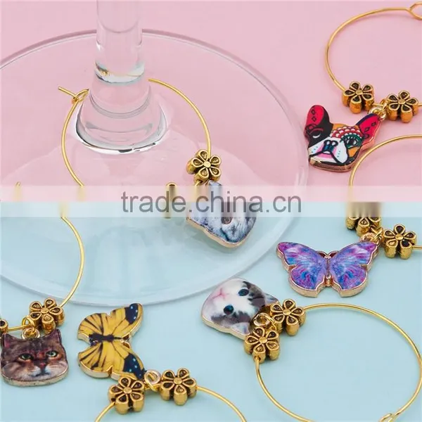 Hoop Earrings Gold Plated At Random Enamel Animal Flower Wine Glass Marker photo-3