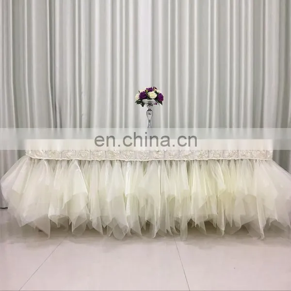 TC121D New Design 8ft Rectangle Rosette Ruffled Curly Willow Table Skirt photo-4