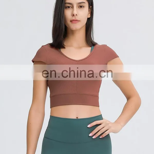Factory Custom Hot Selling V Beauty Back Workout Fitness Short Sleeve Tee Active Gym Ribbed Yoga Crop Tops photo-3