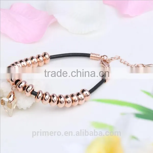 Fashion Austrian Crystal Plated Bracelets Leather Rope Heart Love Beads Bangles Jewelry photo-3