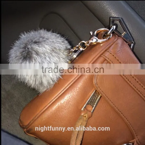 No Dye Grey Cute Genuine Rabbit Fur Ball Pom Pom Keychain for Car Key Ring Bag Pendant photo-3