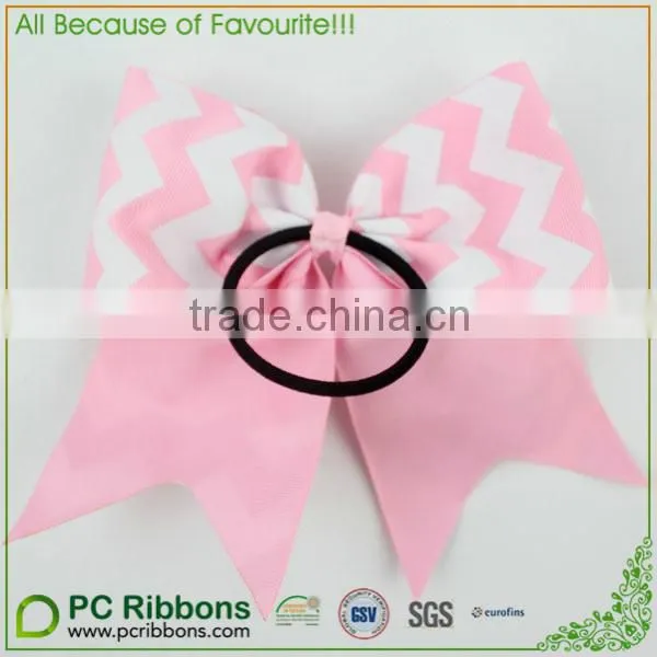 Pink Chevron Grosgrain Big Cheer Bow With Ponytail Elastic Loop photo-2