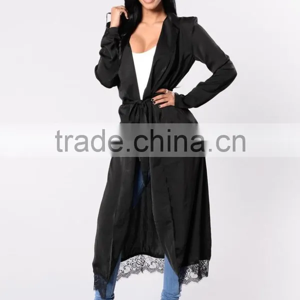 Outwear Casual Cover up Women 100% Polyester Light Weight Mock Pockets Lace Trim Hem Long Sleeve Duster Jacket photo-3