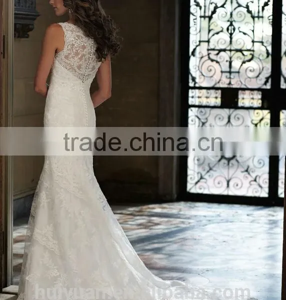 White off Shoulder Full Lace v Neck Closed Back Mermaid Bridal Wedding Dress photo-2