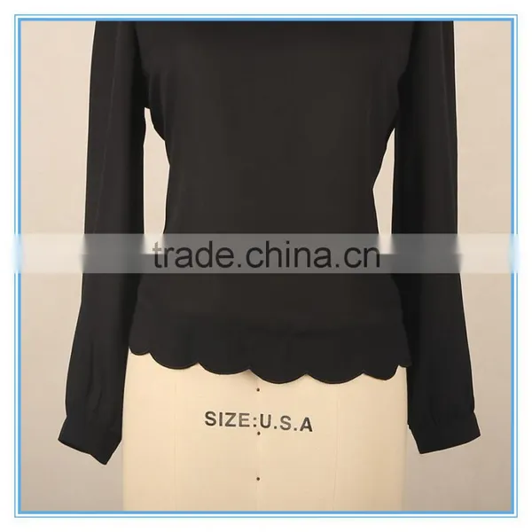 New Design Ladies Back Button Design Petals Hem Long Sleeve Blouse photo-4