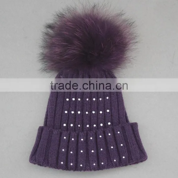 Myfur Fashion Style Diamond Ladies Wool Knitted Beanie Hat With Real Raccoon Fur Pom Pom photo-3