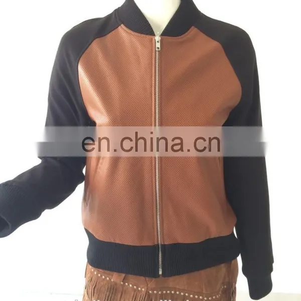 Womens Sheep Leather Punching Jacket With Pontie Sleeve photo-4