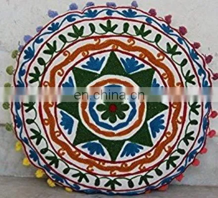 Suzani Pillows Embroidered Round Cushion Cover 16x16, Decorative Throw Pillow Case