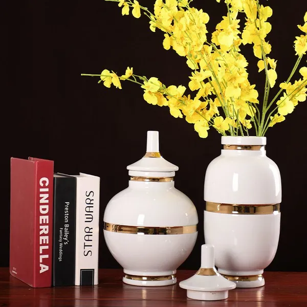 Light Luxury Simple Elegant White Gild Ceramic Flower Vase With Lid For Hotel Office Decor photo-2