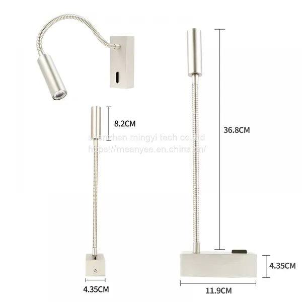 Meanyee Wall Mount Reading Lamp Headboard Bedside Lights With Switch/Flexible Gooseneck/Surface/Brushed Nickel/3000K LED/MY-WN188N photo-2