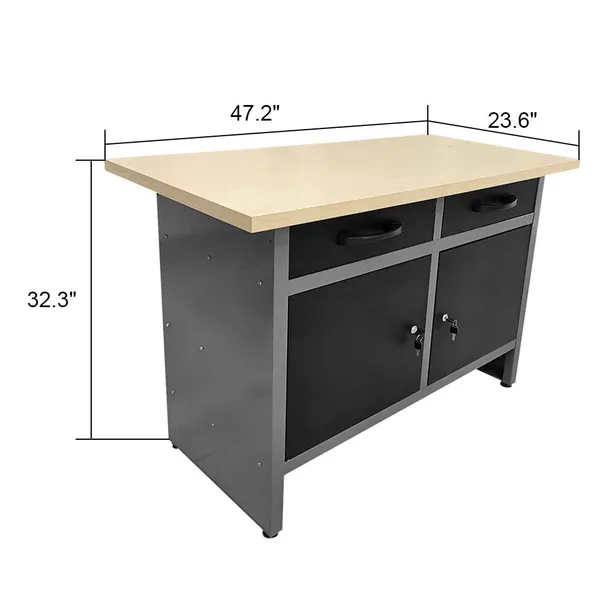 Steel Workbench With Two Drawers and Two Cabinets, Includes 3 Metal Pegboards and 22 Hooks, photo-2