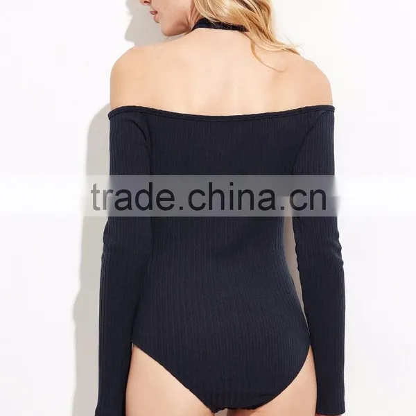 Navy Keyhole Cross Halter Neck Ribbed Bodysuit Cotton Spandex Long Sleeve Sexy Lady Sweater Bodysuit photo-4