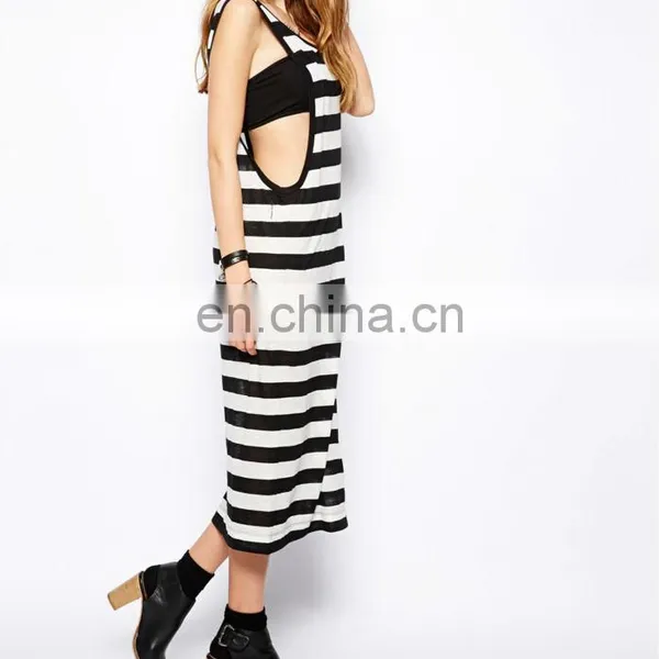 CHEFON Jersey Black and White Striped Maxi Dress