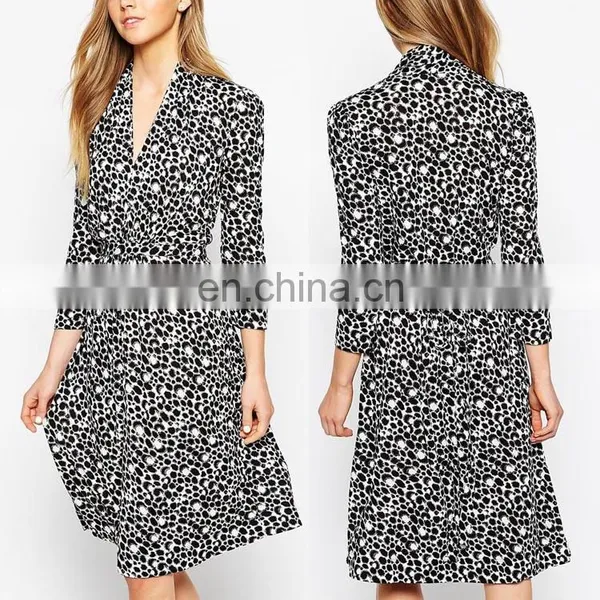British Style Long Sleeve Bubble Print Tea Dress Elegant v Neckline Women Outwear Formal Dress Office Ladies Western Wear