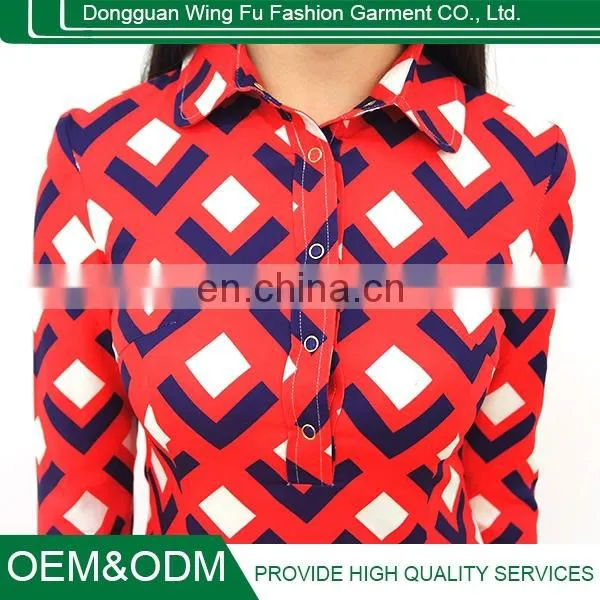 Ladies Retro Printing Red Knitted Cotton Shirt Style Long Sleeve Lapel Dress photo-5