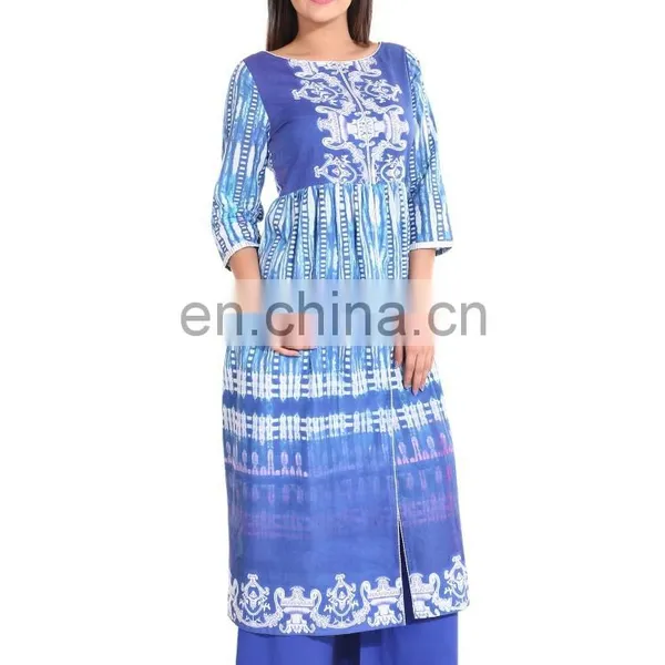 Designer Long Dress Cotton Flared Front Open Slit Boat Neck Blue Color 3/4 Sleeve For Women Manufacturer of Kurti India photo-2