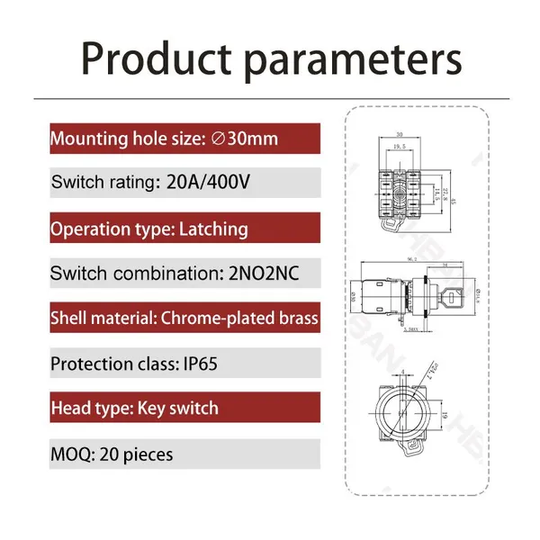 Ip65 30mm Key Rotary 3 Position Chrome Plated Brass 20a 2NO 2NC Latching Switch photo-2