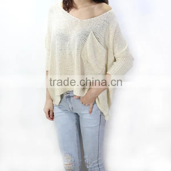Lady Summer Low Round Neck Pullover Sweater Female Bat Sleeve Hollow Loose Sweater photo-4