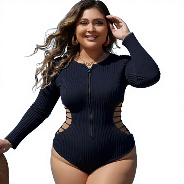 Foreign Trade New Plus Size One-piece Spandex/Polyester Swimsuit Women's Conservative Diving Suit Gathered Long Sleeve Print