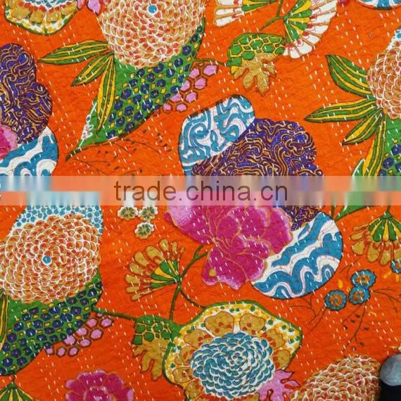 Floral Print Decorative Kantha Stitch Quilt Pure Cotton Reversible Bedspread Orange Gudri Queen Size Bedspread photo-5
