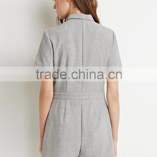 Women's Short Sleeve Double Pocket Tie Solid Grey Casual Jumpsuits photo-5