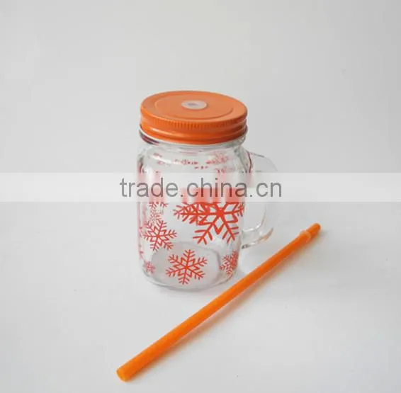 Hot Sale Snowflake Surface Handling Glass Cold Drink Jar With Straw photo-3