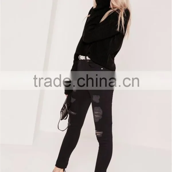 Custom Label Women Plain Black Knitwear With Drop Shoulder Loose Sweater Turn Back Cuff Cropped Jumper Black photo-5
