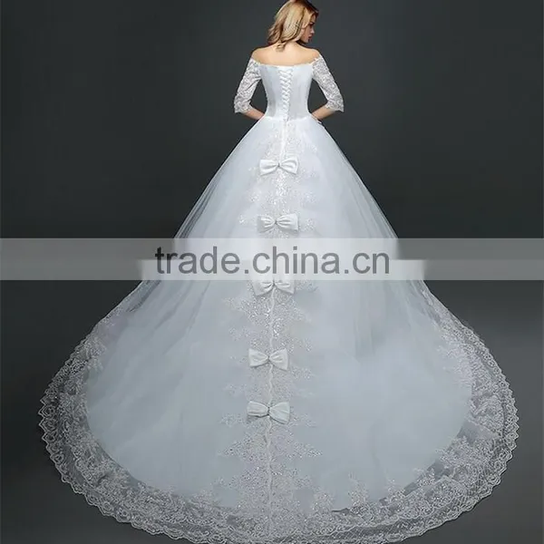 MGOO Lace Trim Hem Beaded Empire Vintage Floor Length Off Shoulder Wedding Dress Bride Grown Long Sleeve photo-2