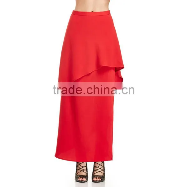 MGOO New Arrival Manufacturer Skirt Women Red Plain Maxi Ruffles Two Layers Runway Fashion Skirt 15146A143 photo-5