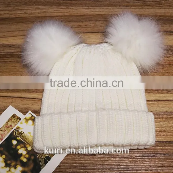 High Quality Cashmere Knitted Hat With Double Fur Poms KR-H010 photo-3
