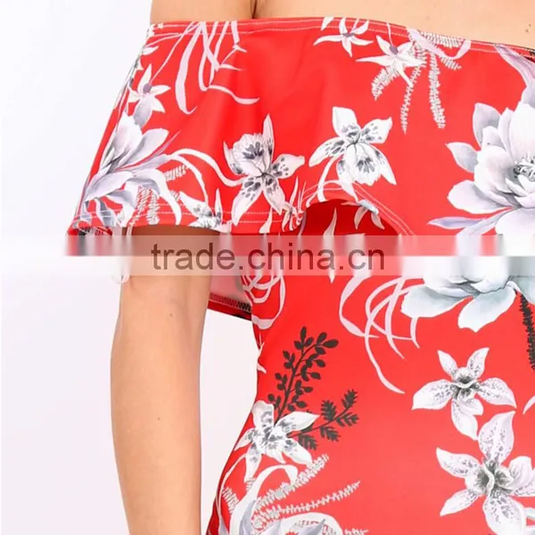 Best Sell Women Clothing off the Shoulder Floral Bodycon Midi Dresses photo-6