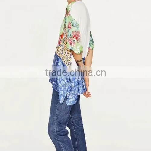 Women Summer Clothes Rinted Shivering Blue Satin Women Short Sleeve Shirt photo-2
