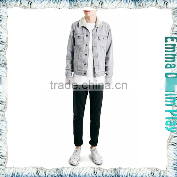 Mens White Grey Denim Jacket in Medium Worn Wash With Fur Collar photo-3