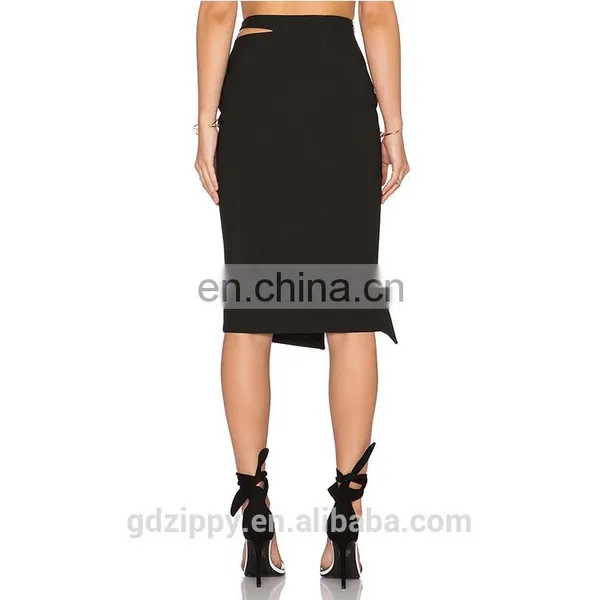 Black Plated Knee Length Women Leather Skirt photo-3
