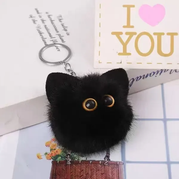 Cute Black Faux-fur Cat Face Pompom Keychain photo-4