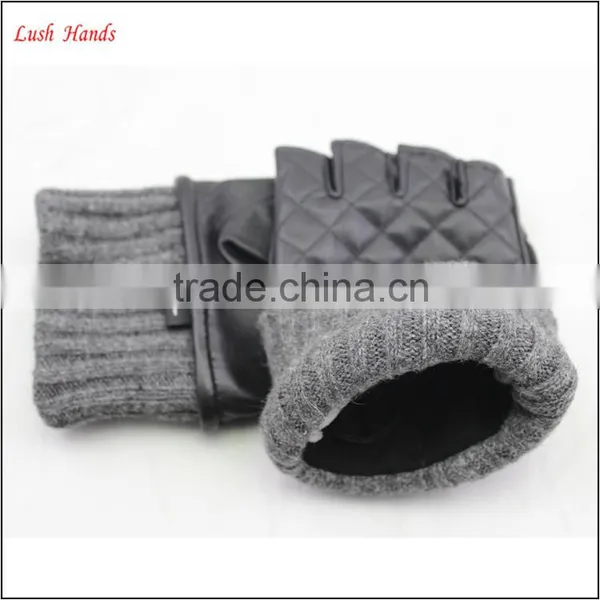 Ladies Half Finger Leather Driving Gloves Knitted Cuff Leather Glove photo-4