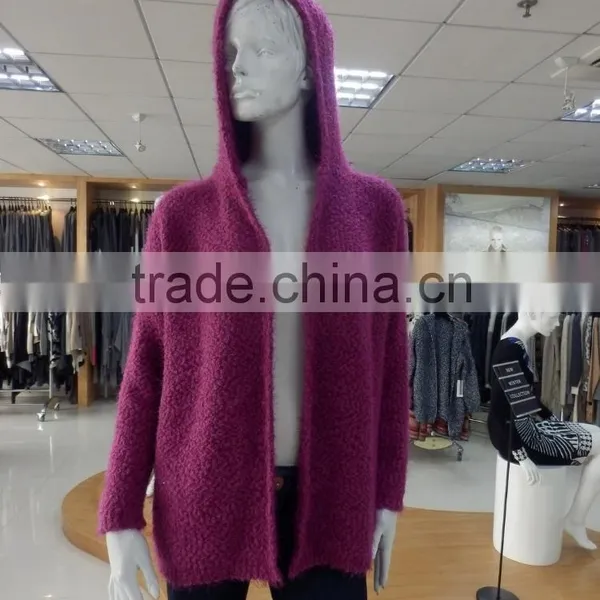 women crew neck with cap long sleeve loop yarn cardigan knitwear 2016 fall/winter