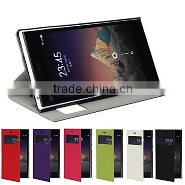 Ultra Thin Solid Color Visual Window Design PU Leather Full Body Case With Stand Case for Xiaomi Mi3