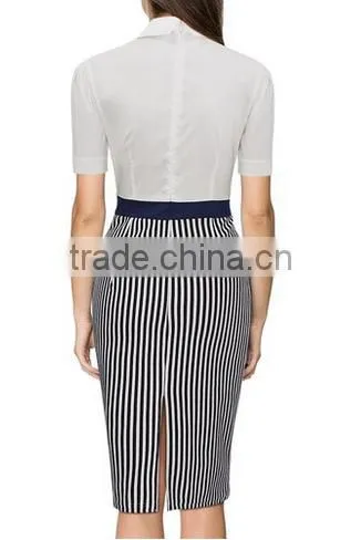 Women's Business Polo Neck Contrast Stripe Short SleeveFitted Pencil Dress photo-2