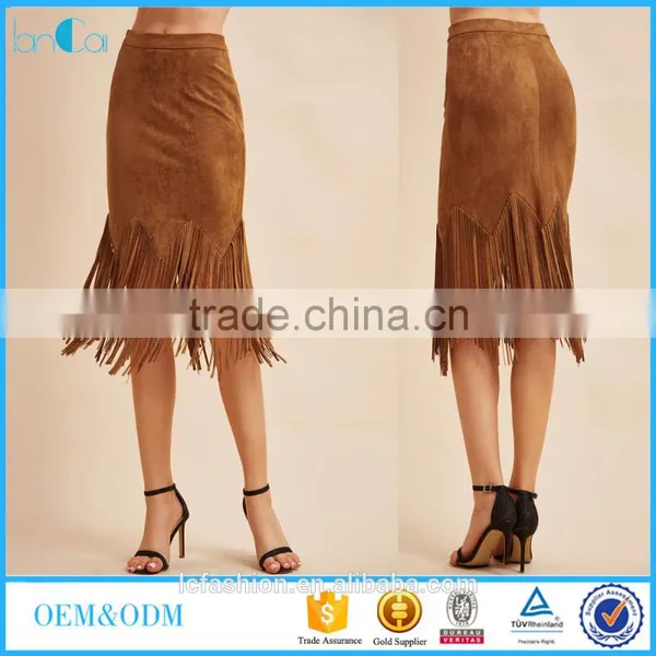 Latest Long Skirt Design Suede Fringe Trim Bodycon Skirt Ladies Designer Suits Skirt