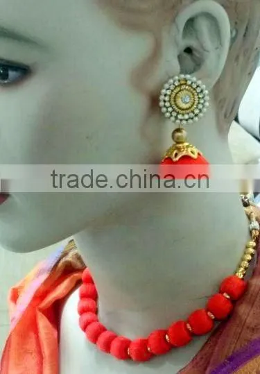 Stylish Necklace Set Wholesale,Silk Thread Necklace and Earring Handcrafted Set India photo-3