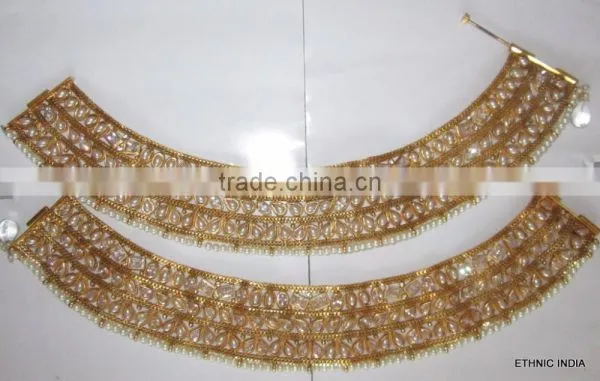 Designer PEARL Polki Payal ANKLETS Pair Feet Bracelet Gold Plated photo-2