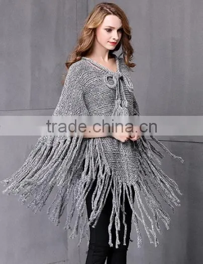 2017 Ladies Stylish Custom Made Tassels Hem Pullover Sweater Poncho With Best Quality photo-3