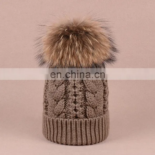 Jumbo Genuine Raccoon Fur Pom Balls Hats Knitted Twist Pattern Hats photo-4
