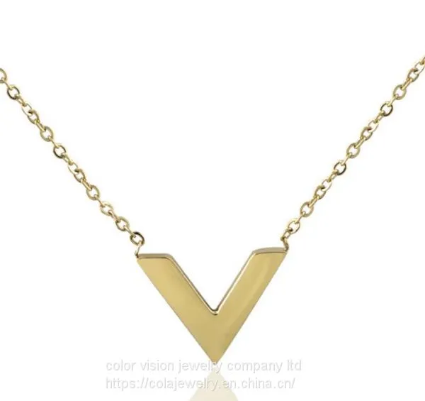 Ladies Jewelry Fashion Stainless Steel Gold Plated Letter′s Pendant Necklace V Sharp Pendant Necklace
