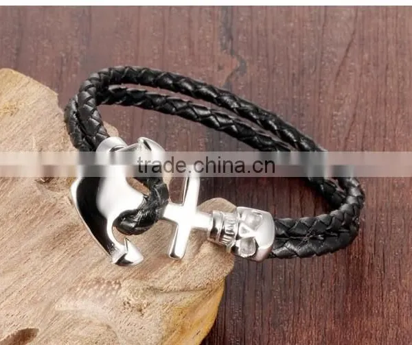 Cheap Stainless Steel Skull Boat Anchor Double Braided Leather Bracelet Punk Rock Style photo-3