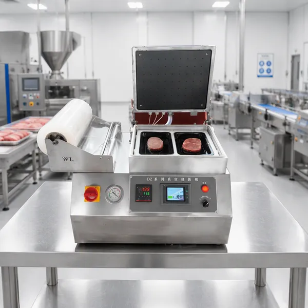 Kommerzielle Vakuum-Skin-Verpackungsmaschine QD-SD450 mit 360mm Siegeldurchmesser für Restaurants, Lebensmittelfabriken und Meeresfrüchteverpackung.